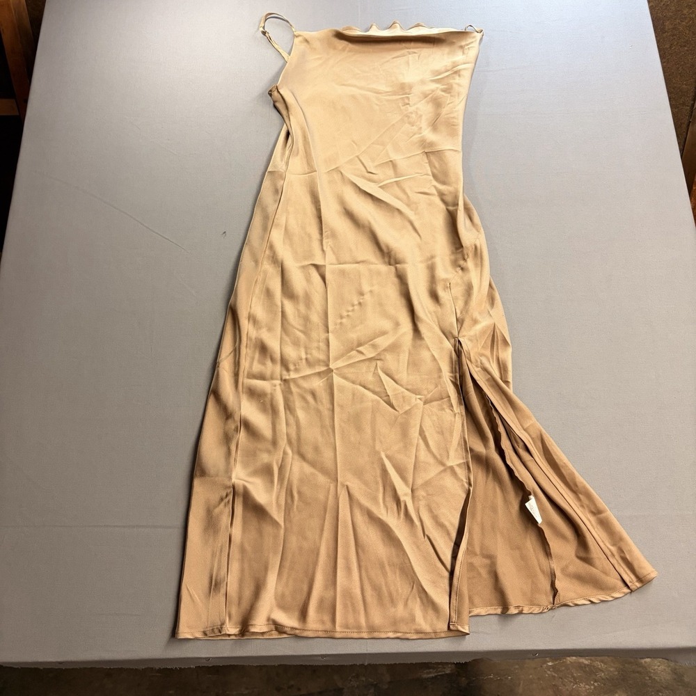 Paper Heart Womens Solid Beige Full Slip Spaghetti Strap Cowl Neck Midi Slit S